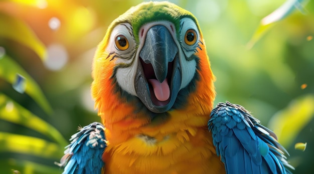 Фото Красочный попугай с открытым клювом и высунутым языком