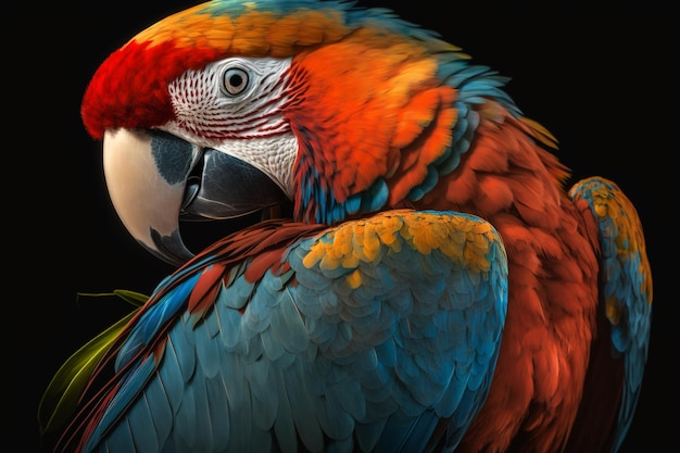 A colorful parrot with a black background