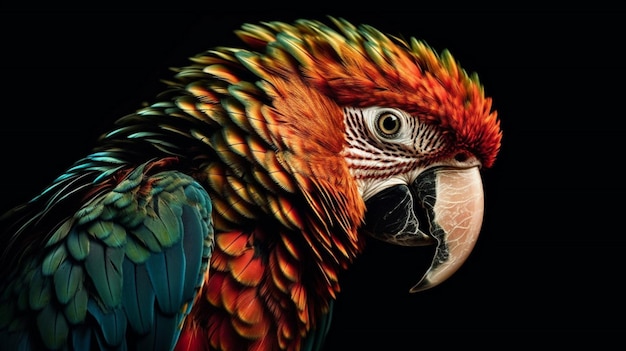 A colorful parrot with a black background