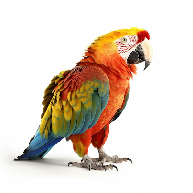 A colorful parrot with a black beak and blue and yellow feathersa white background