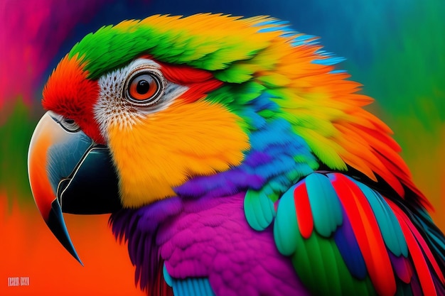 A colorful parrot with a blue beak is in front of a colorful background