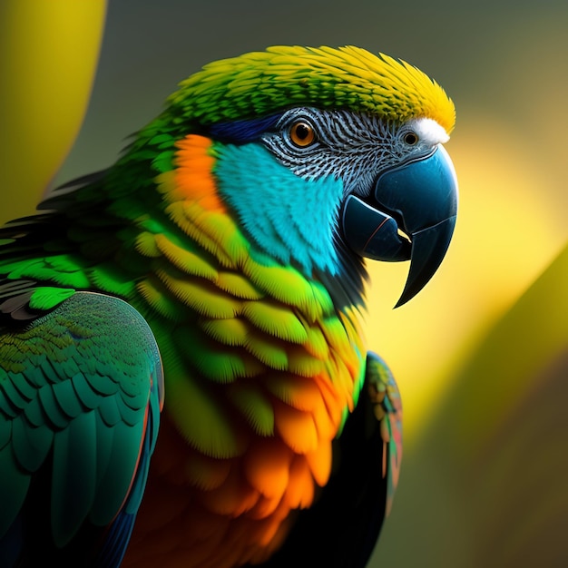 Красочный попугай с голубым клювом и желтыми и зелеными перьями.
