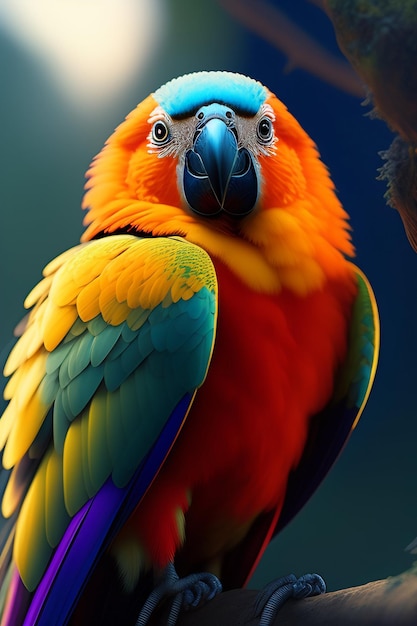 A colorful parrot with a blue and yellow head and blue feathers.