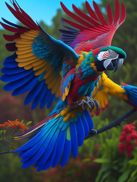 A colorful parrot with a blue and yellow tail