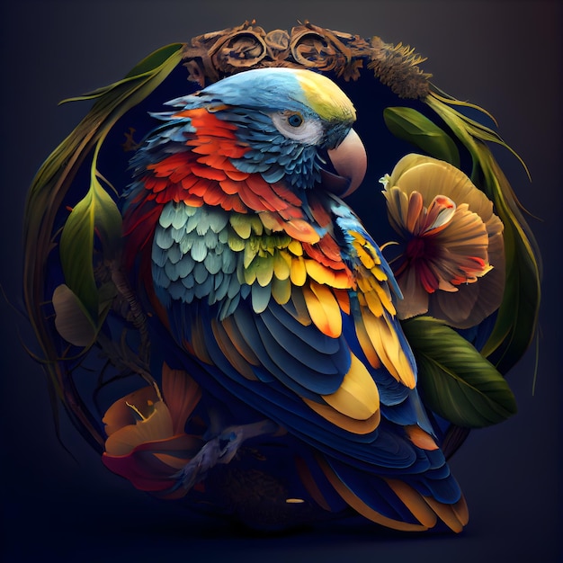 Colorful parrot with a bouquet of flowers on a dark background