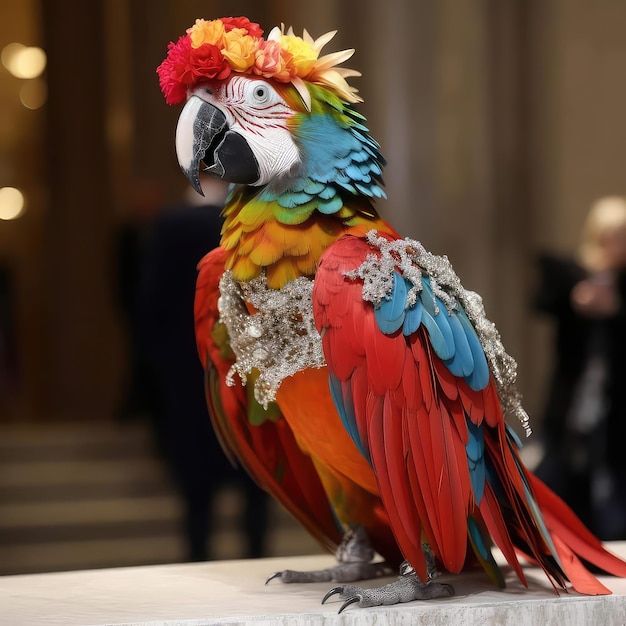 A colorful parrot with a colorful head and feathers on its head.