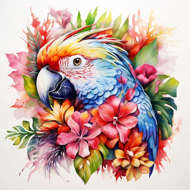 a colorful parrot with flowers and a parrot on it