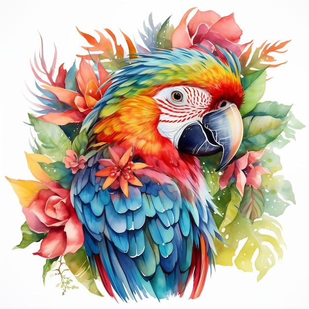 a colorful parrot with flowers and a picture of a parrot