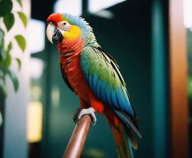 A colorful parrot with a green and red feather on its head