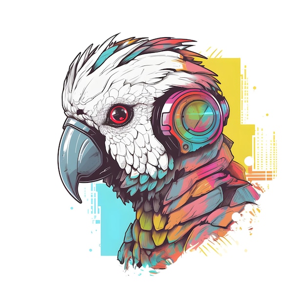 Colorful parrot with headphones on it's head and white background Generative AI