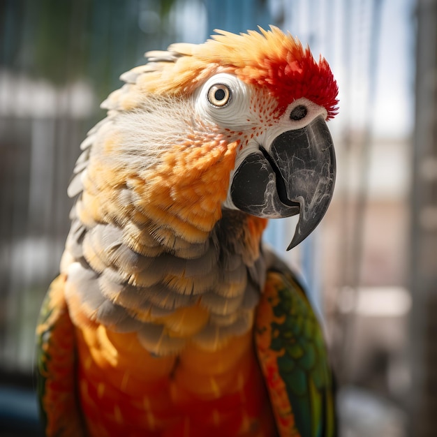 A colorful parrot with a large beak is sitting in a cage.