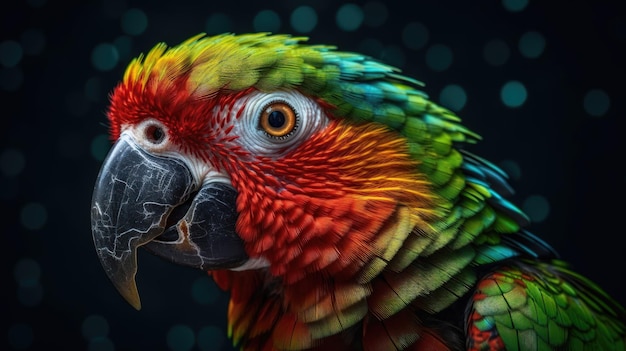 Colorful Parrot with a Sharp Beak A Close Up on a Dark Background