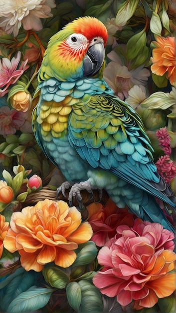 Photo a colorful parrot with yellow and blue feathers and a pink flower