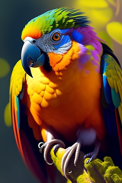 A colorful parrot with a yellow ring on its paw.