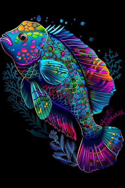 Photo colorful parrotfish with tropical reefs and algae for decora glowing texture y2k collage art decor