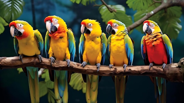 Colorful parrots on a branch with leaves and a blue background