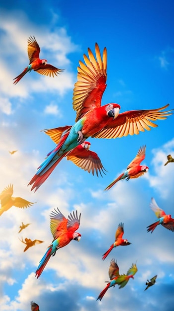 colorful of parrots flying in the sky