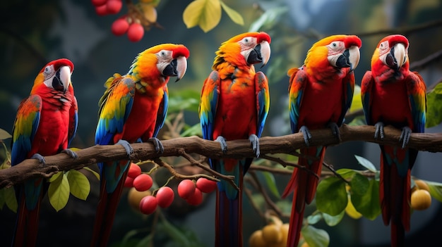 Colorful parrots perch on a tree branch showcasing a stunning array of hues in their plumage