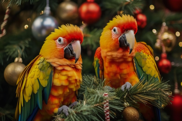 Colorful parrots perched on decorated Christmas trees in a tropical landscape