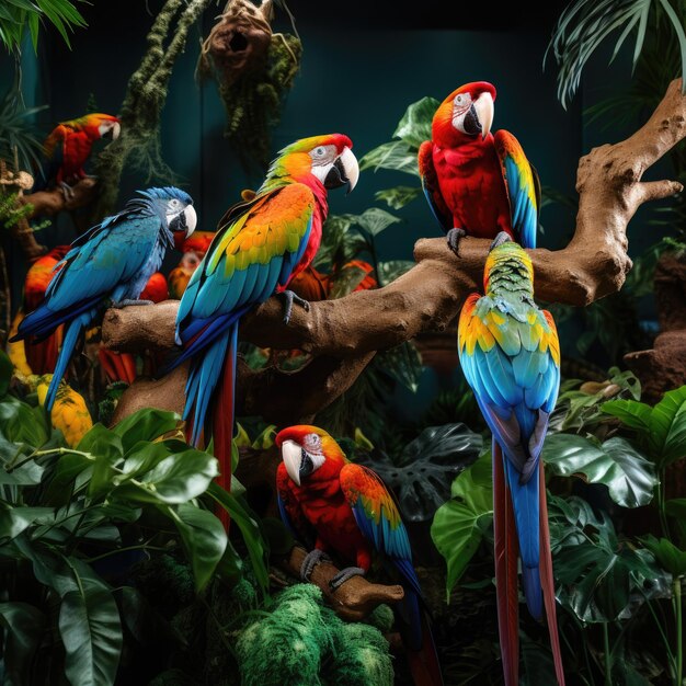 Colorful parrots perched on a tree branch