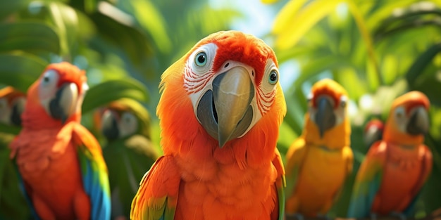 Photo colorful parrots standing in a forest