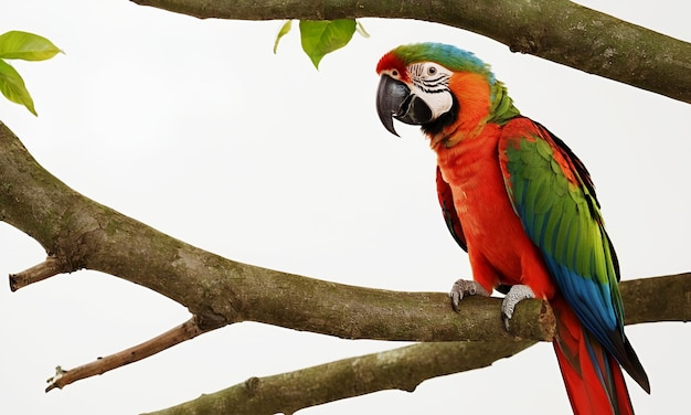 Foto pappagalli colorati con un ramo d'albero sullo sfondo bianco