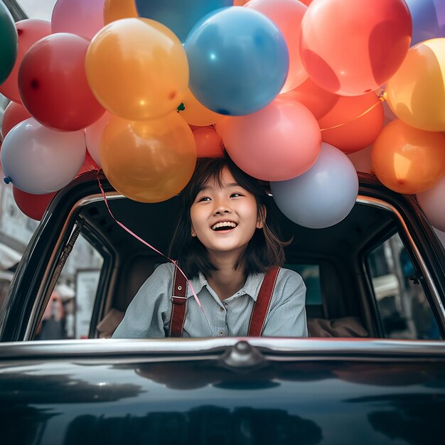 Photo colorful party celebration with balloon young girl