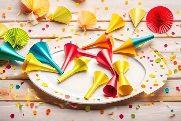 Colorful party favors on a plate with colorful confetti on the table.