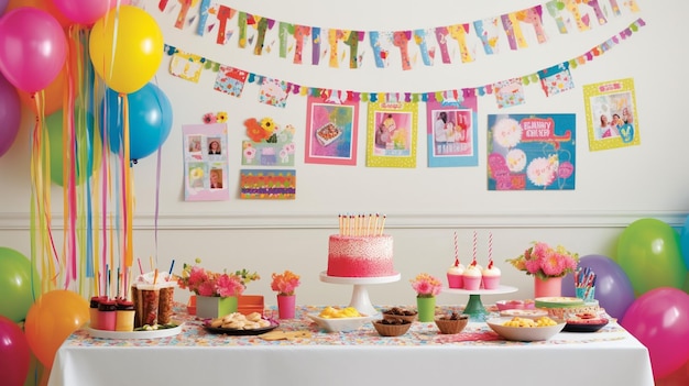 「誕生日おめでとう」と書かれたバナーが飾られたカラフルなパーティー テーブル