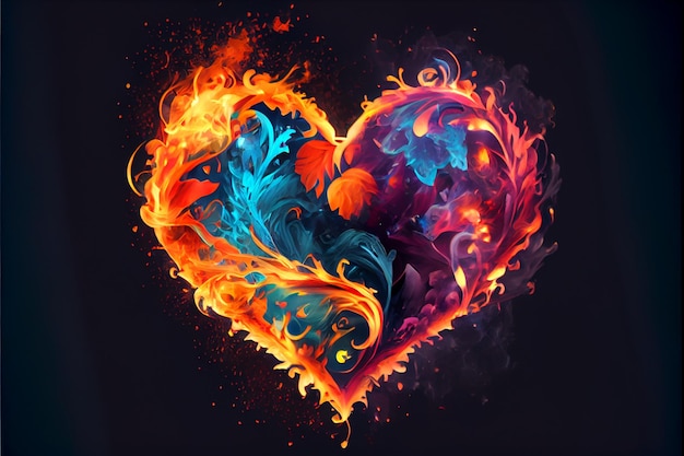 Colorful and passionate heart of fire isolated on black background Generative AI illustration