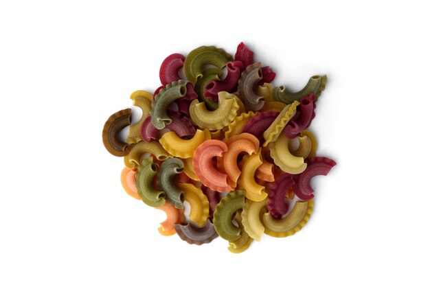 Colorful pasta isolated on white background.