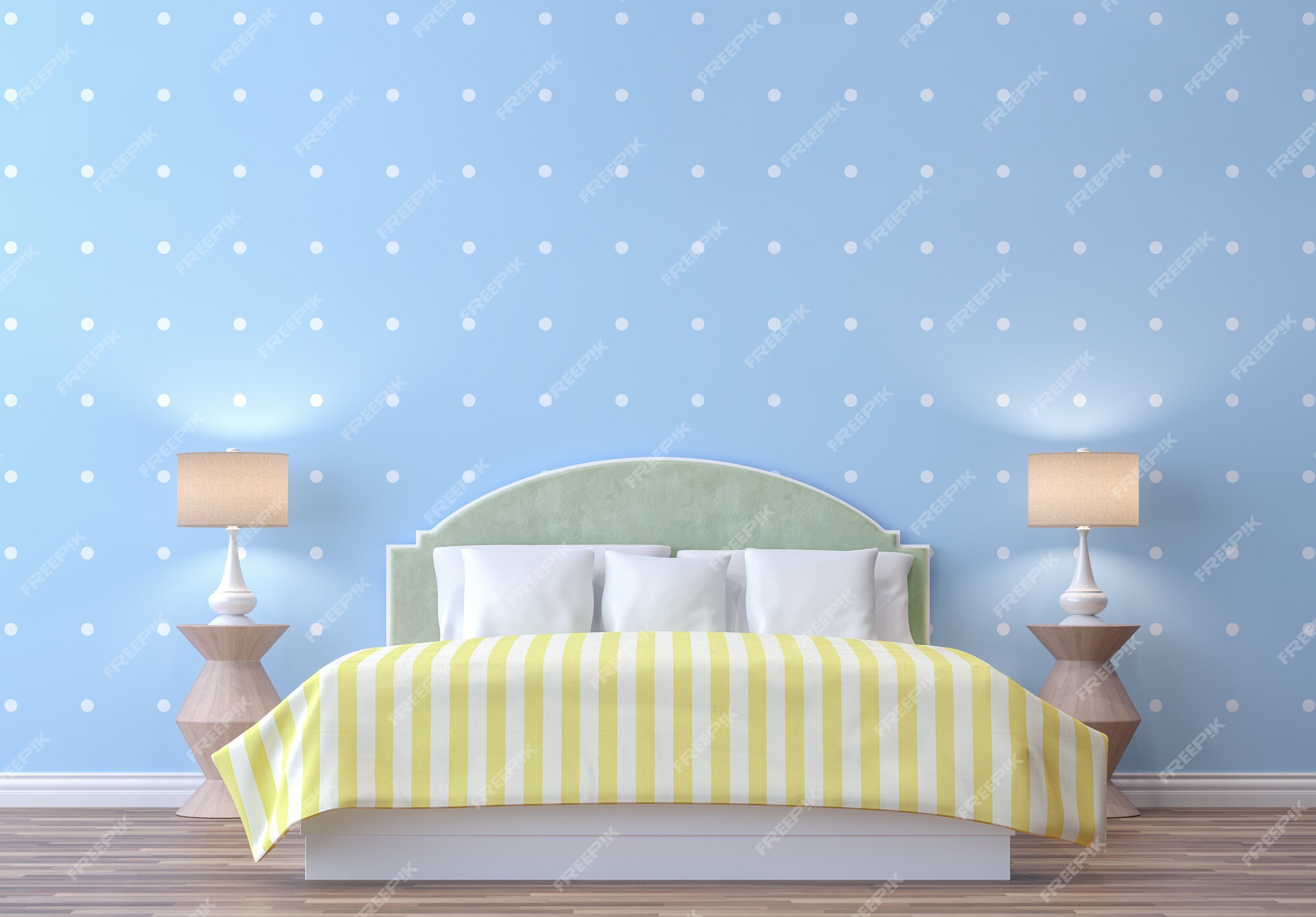 Premium Photo | Colorful pastel bedroom with blue and white dot wallpaper  3d render
