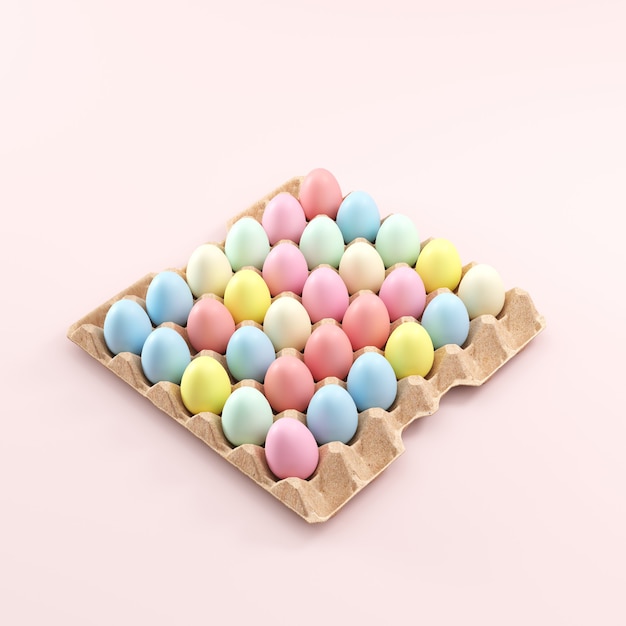 Colorful Pastel eggs color put on egg panel pink background. Christmas Minimal Easter idea concept. 3D Render