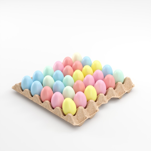 カラフルなパステルカラーの卵の色を卵パネルに置く白い背景。クリスマスミニマルイースターのアイデアのコンセプト。 3Dレンダリング