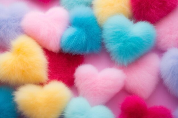 Colorful pastel furry hearts pattern on pastel background