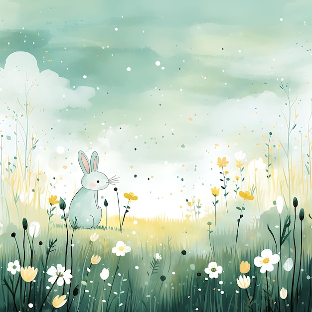 Colorful of Pastel Green and Yellow Spring Meadow Background With Wildfl Handrawn Watercolor Style