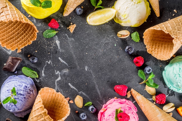 Colorful pastel ice cream with waffle cones