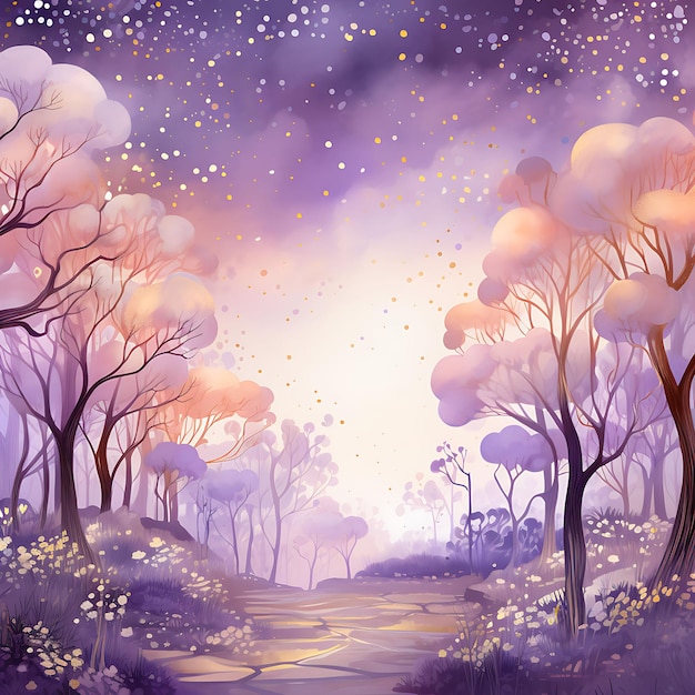 Photo colorful of pastel lavender and gold enchanted forest background with gl handrawn watercolor style