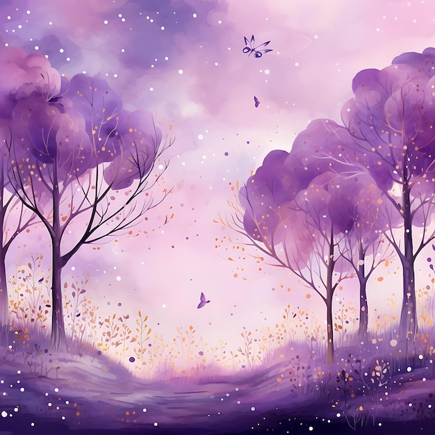 Colorful of Pastel Lavender and Gold Enchanted Forest Background With Gl Handrawn Watercolor Style