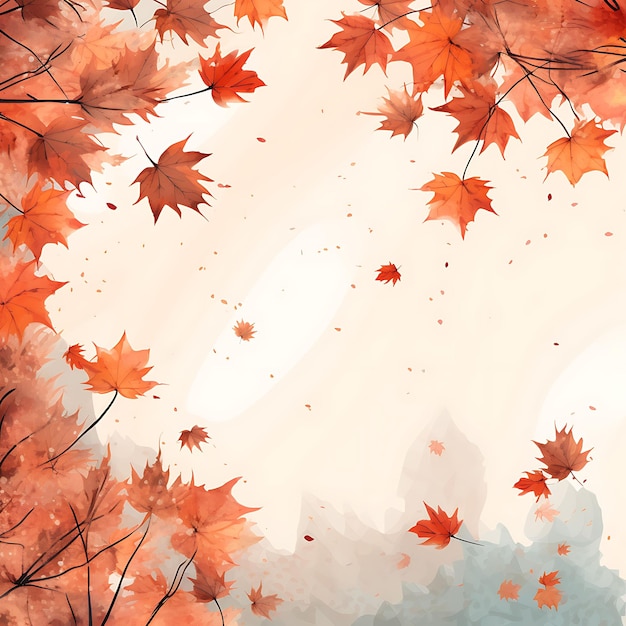 Foto colore di foglie d'autunno arancione pastello sullo sfondo con acquerello bronzo disegnato a mano