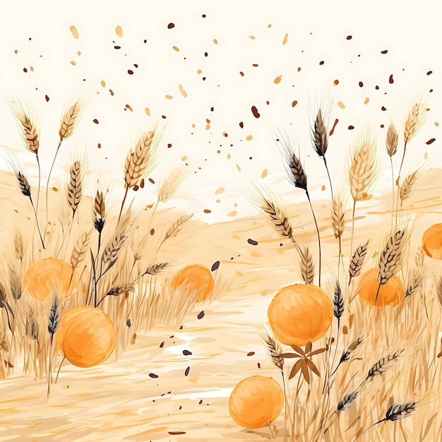 Colorful of Pastel Orange Harvest Field Background With Brown Speckles P Handrawn Watercolor Style