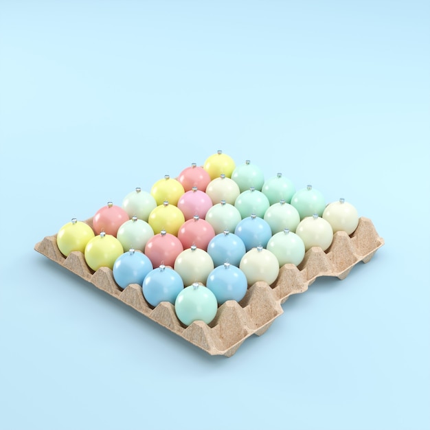 Colorful pastel Ornaments color put on egg panel blue background. Christmas Minimal Easter idea concept. 3D Render