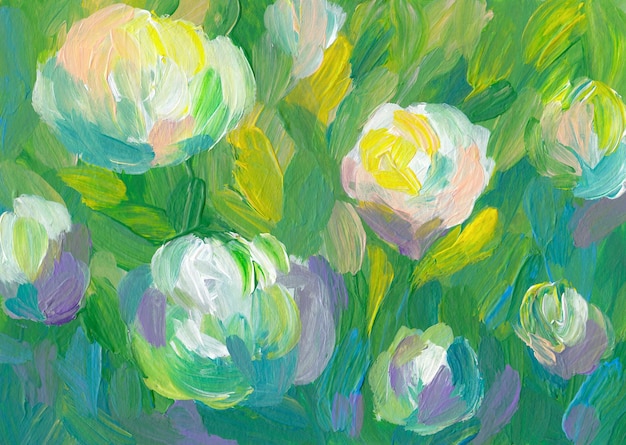 カラフルなパステル カラーの牡丹の花のアート アクリル画。手描きの花のイラスト