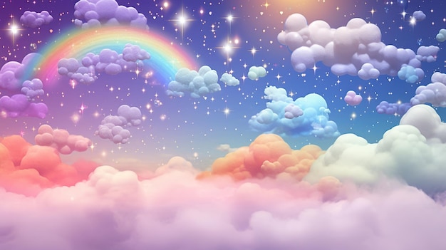 Colorful pastel rainbow and clouds on blue sky backgroundai generated image