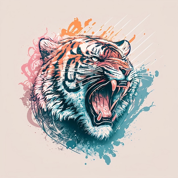 A colorful pastel tiger with a mouth open on a tan background