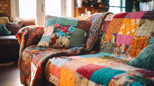 A colorful patchwork quilt draped over a sofa