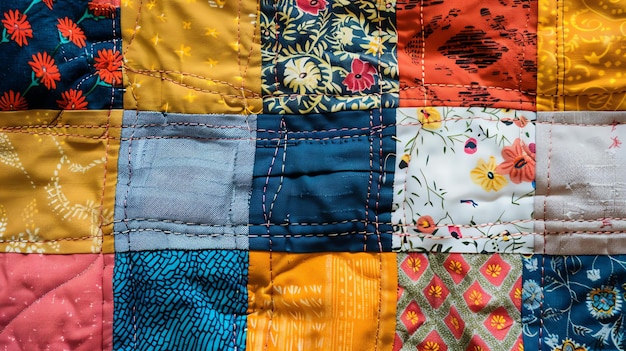Foto una colorata coperta di patchwork con una varietà di motivi e tessuti la coperta è composta da molti piccoli quadrati di tessuto che sono stati cuciti insieme