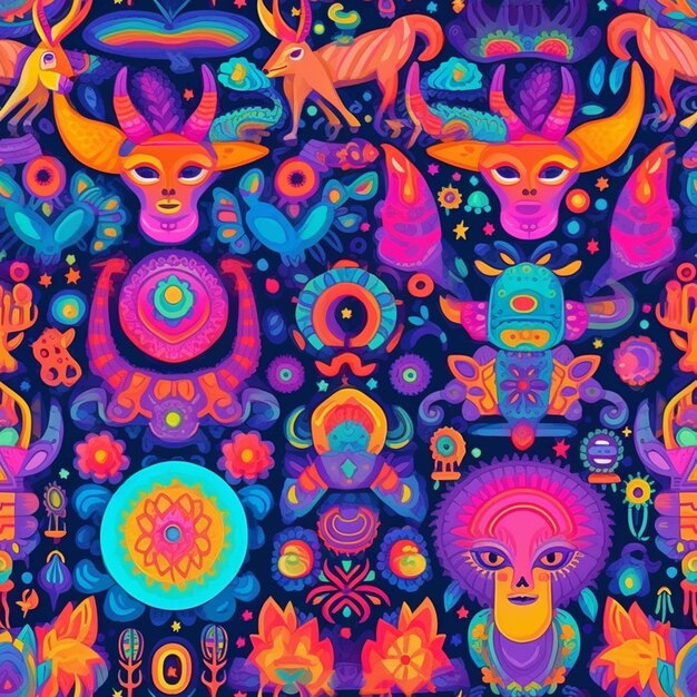 A colorful pattern of animals and plants on a dark background generative ai