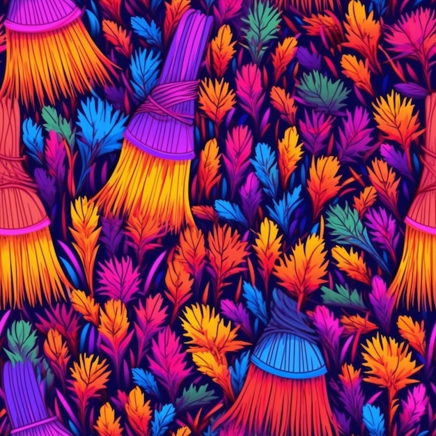 A colorful pattern of brooms and leaves on a black background generative ai