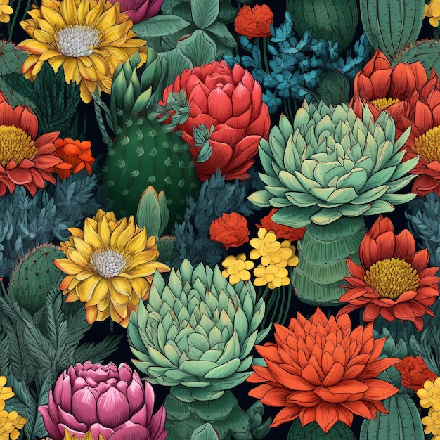 A colorful pattern of cactuses and flowers